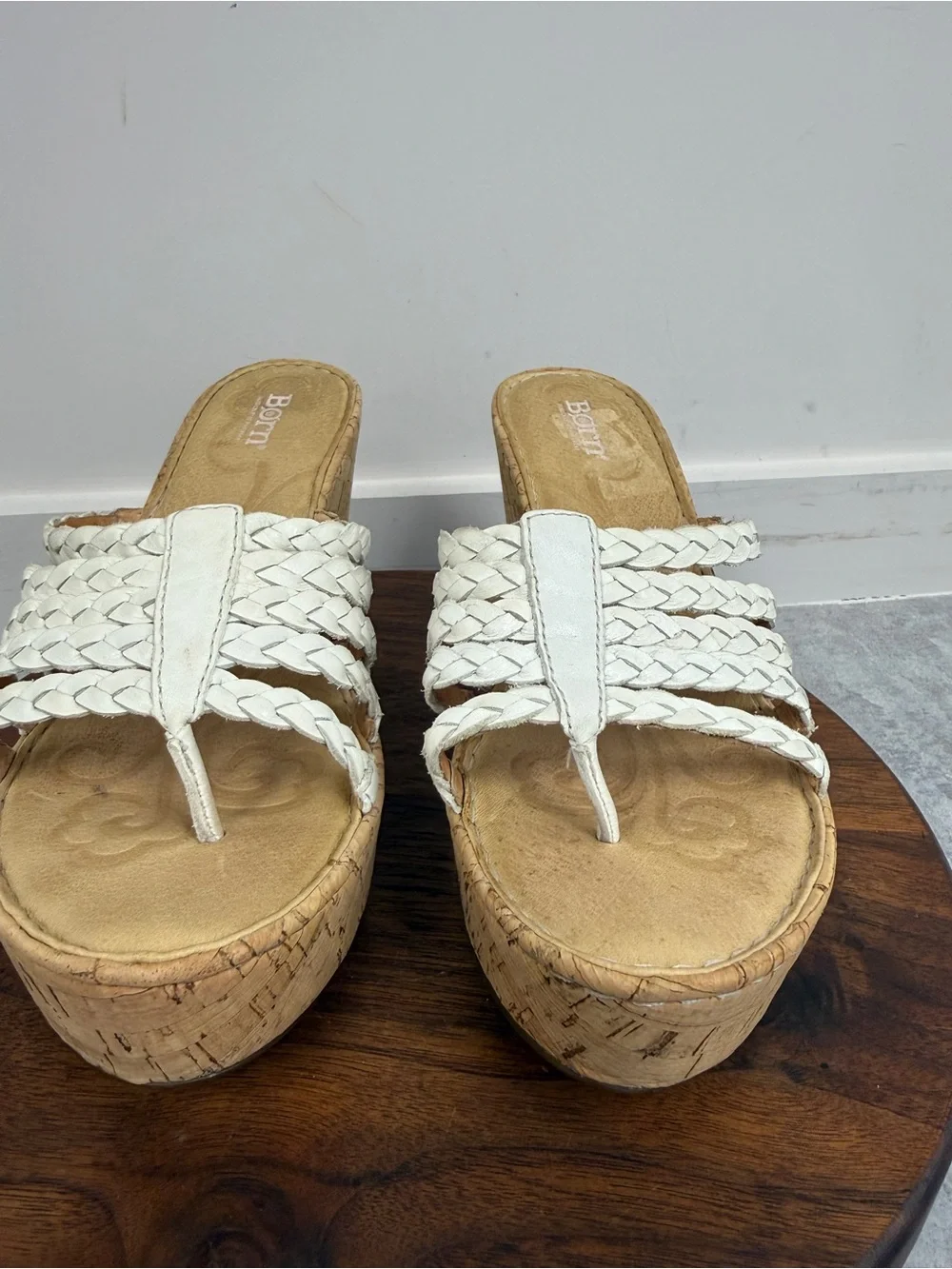 Born White Braided Leather Cork Platform Wedge Sandals Size 10